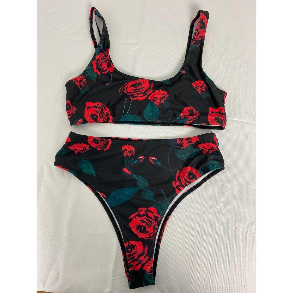 Two Piece High Waisted Rose Pattern Bathing Suit